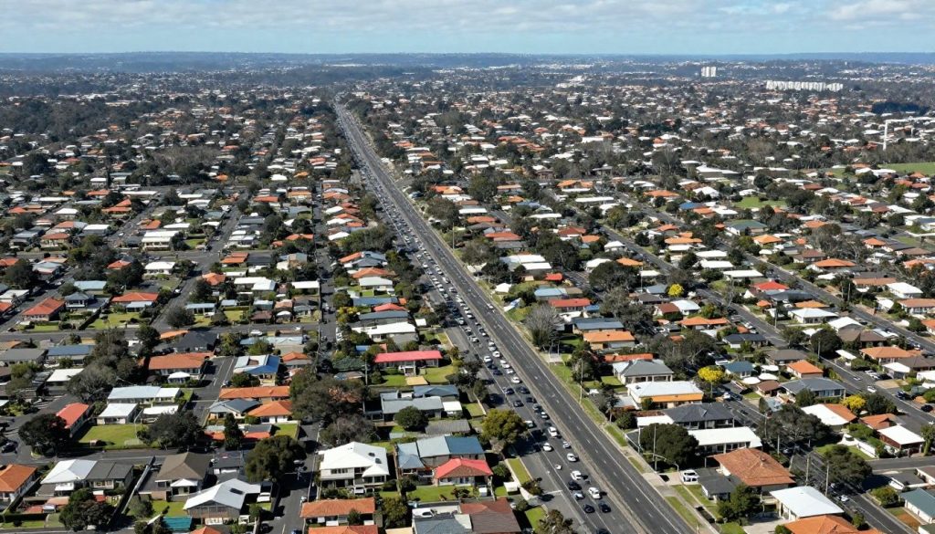 Melbourne suburban traffic jam with cars gridlocked in suburbs.
