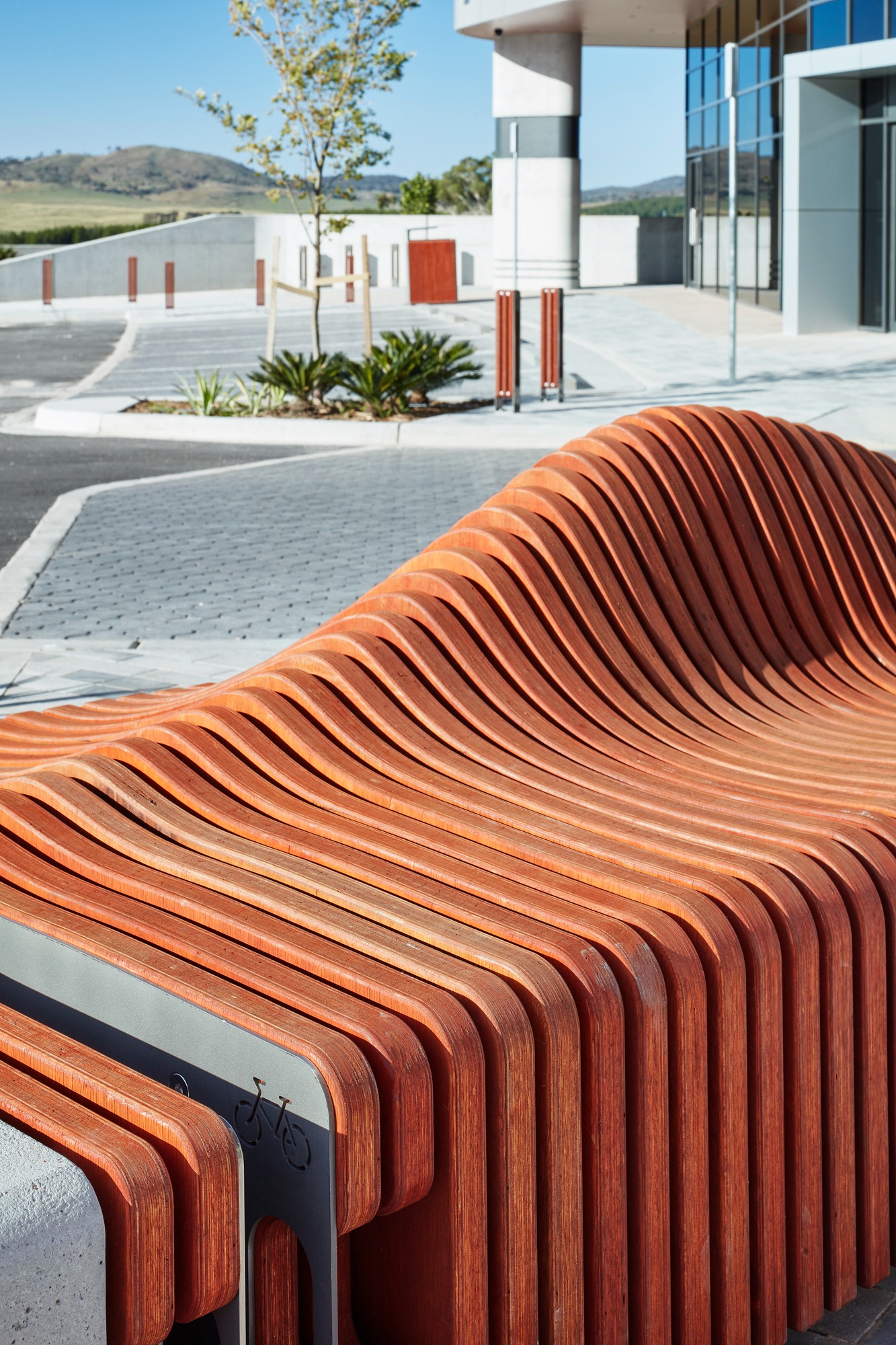 Curved timber seating beside paving and planted garden beds at Denman Prospect.