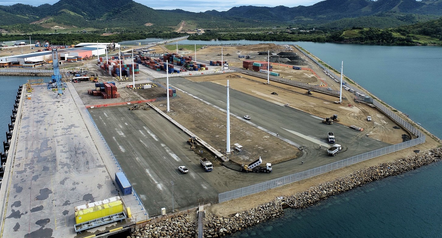 Aerial view of staged pavement rehabilitation beside the wharf and container storage areas at Motukea Port.