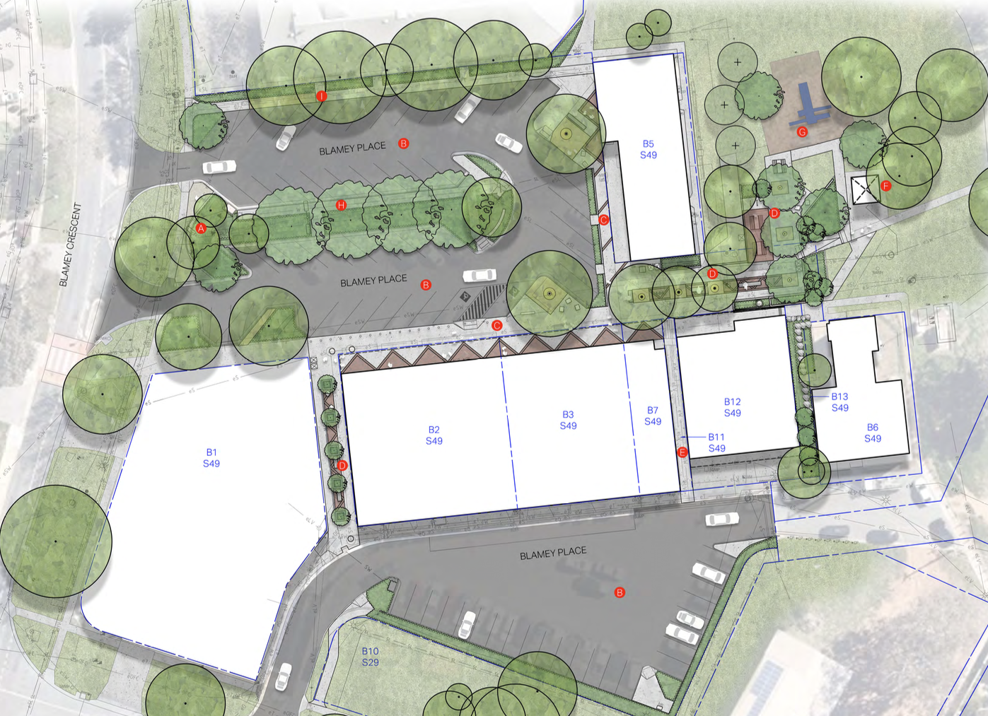 Landscape plan of Campbell Local Shopping Centre showing pedestrian connections, retained trees, parking and neighbouring parkland.