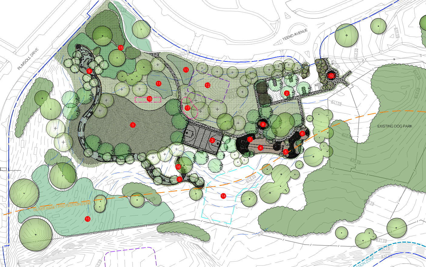 Casey Community Recreation Park landscape concept showing recreation areas, paths and retained groups of trees.