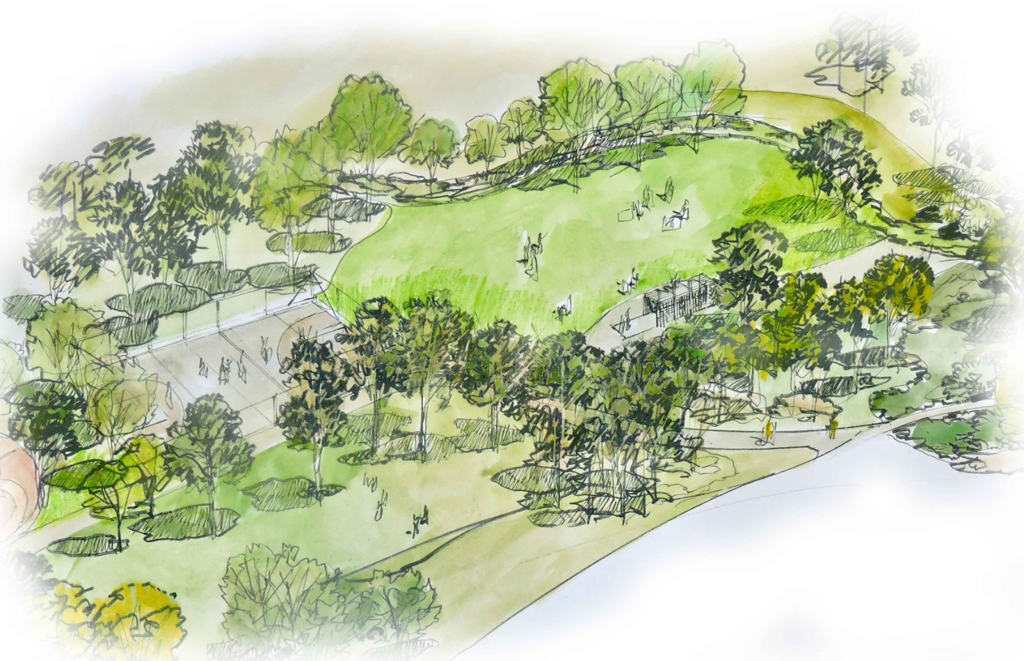 Illustration of Casey Community Recreation Park, showing open lawn, a sports court, paths and recreation spaces among trees.