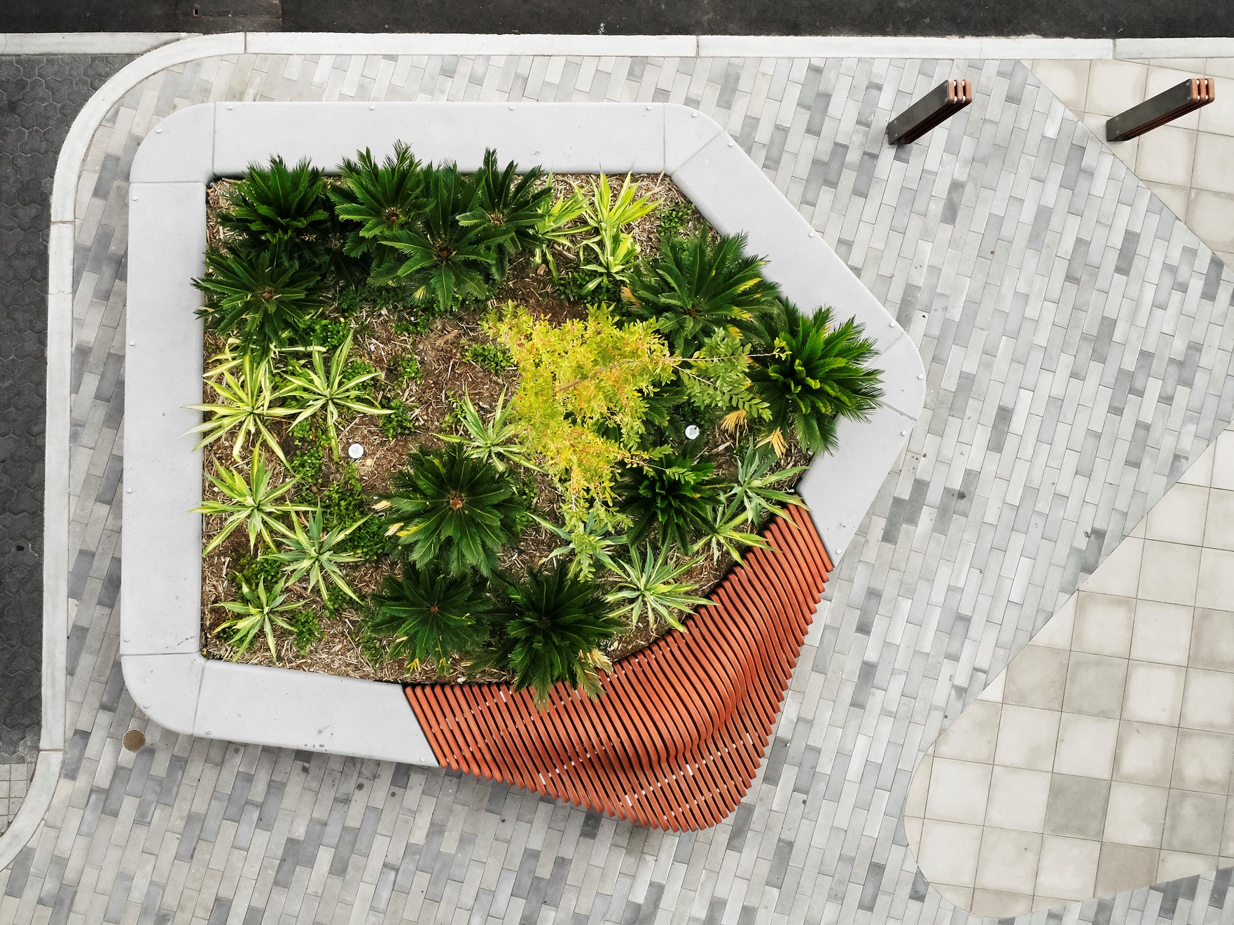 Overhead view of integrated planting and curved seating at Denman Local Centre