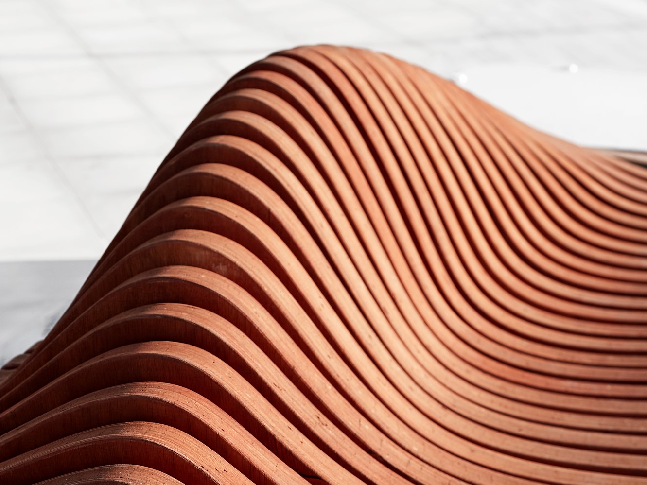 Close-up of the curved timber panels in Denman Local Centre seating
