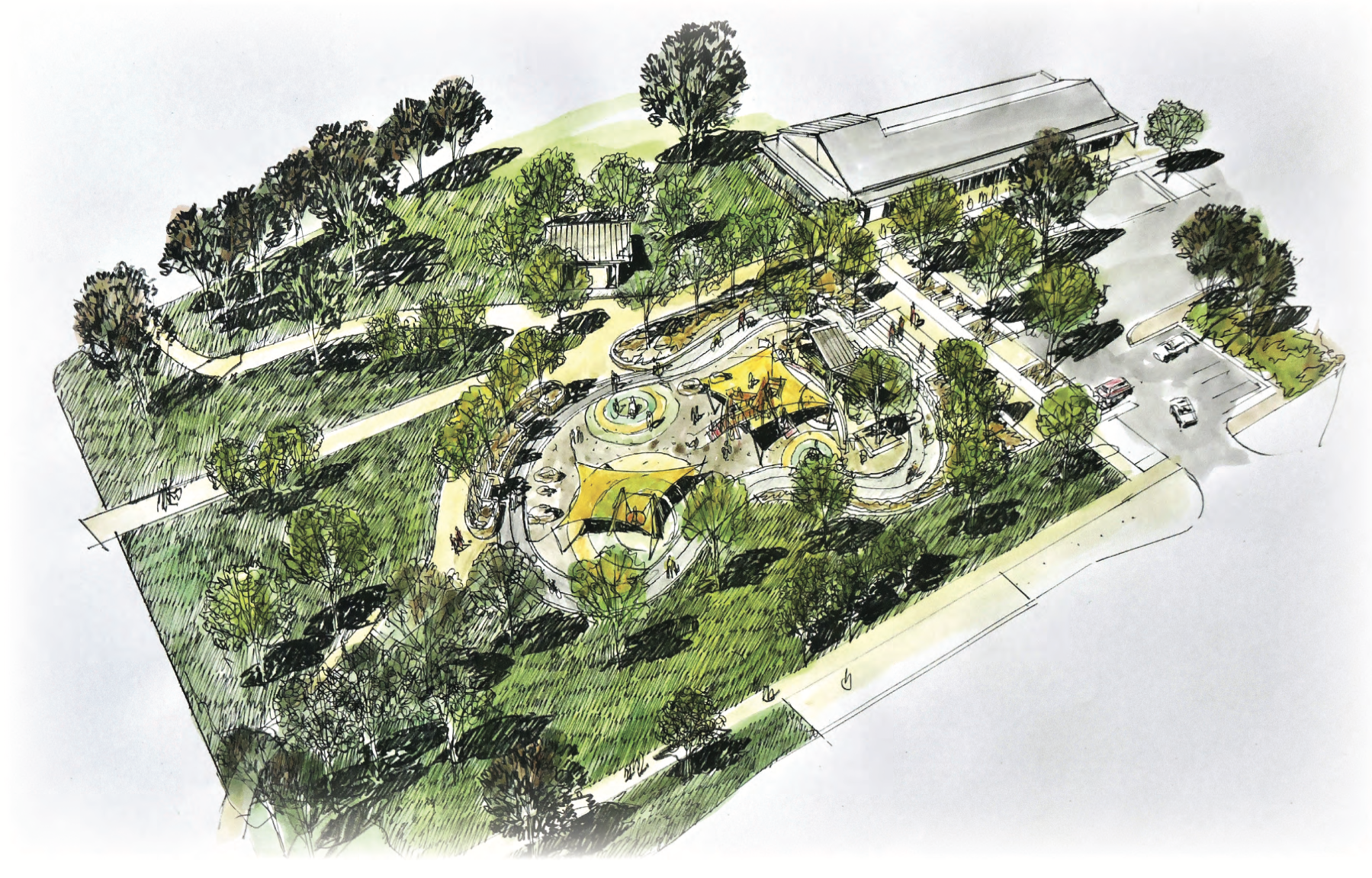 Historical concept illustration of proposed landscape, paths and play connections at Duffy Local Shopping Village; not a photograph of completed works.
