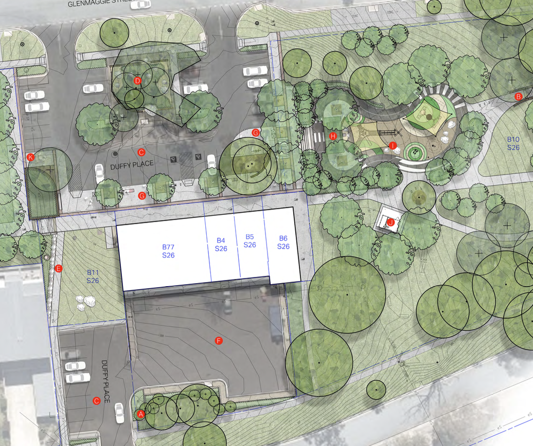 Historical preliminary landscape plan showing proposed improvements around Duffy shops, parking and adjacent open space; not an as-built plan.